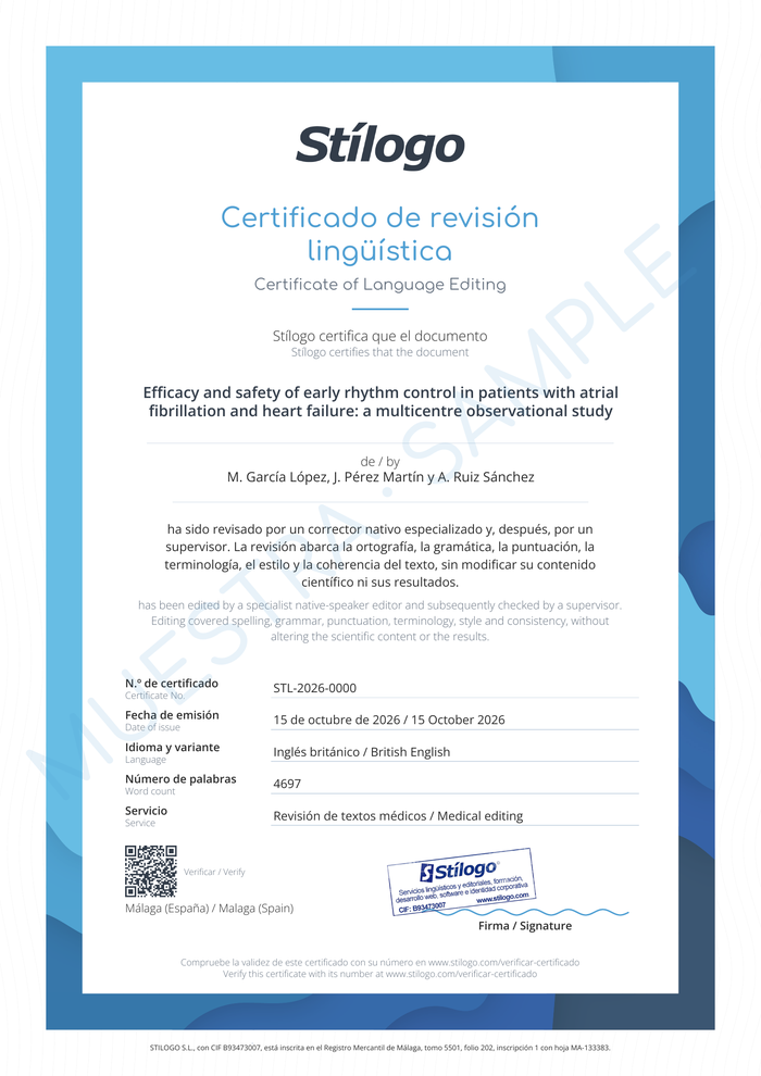 Muestra del certificado de revisión de Stílogo