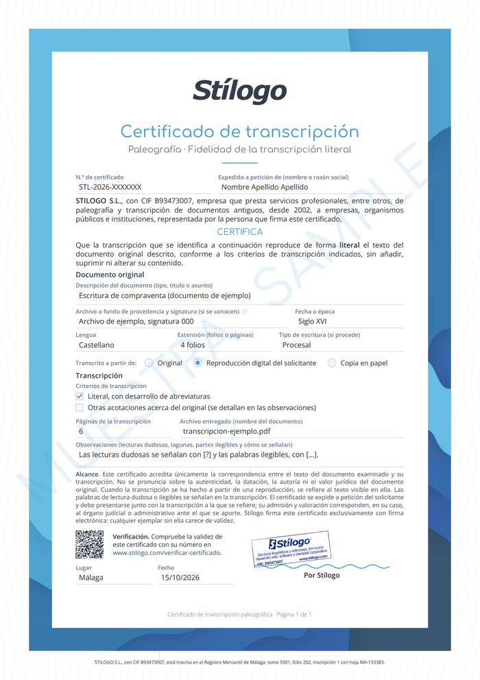 Muestra del certificado de transcripción paleográfica de Stílogo