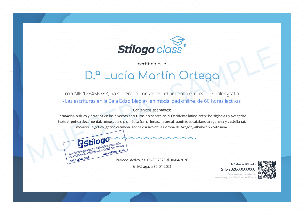 Muestra del certificado de aprovechamiento de Stílogo Class