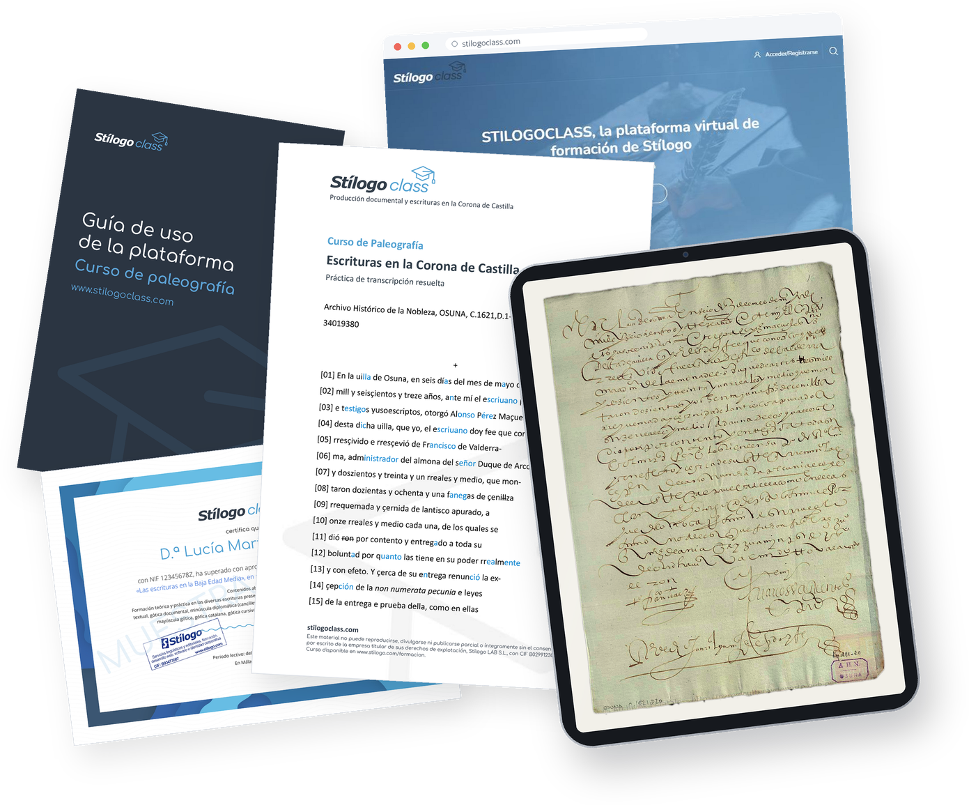Material de los cursos de paleografía online de Stílogo Class: lámina original, transcripción, guía de la plataforma y certificado